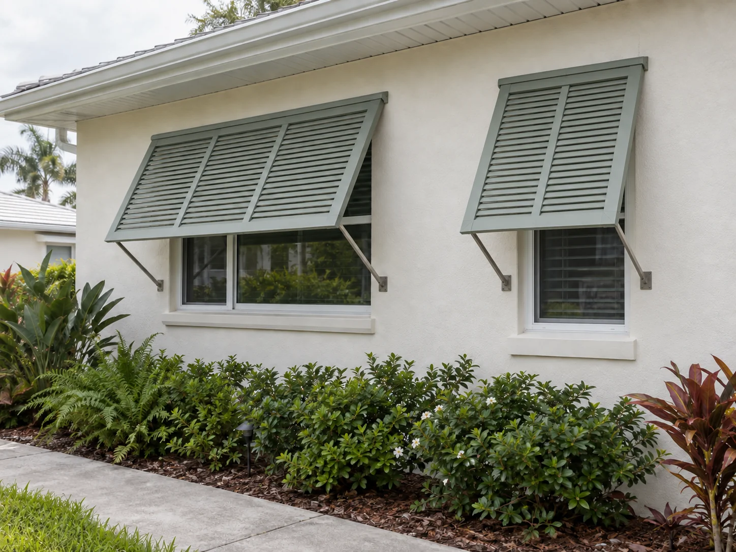 Sage-gray Bahama shutters over two windows on a cream stucco coastal home