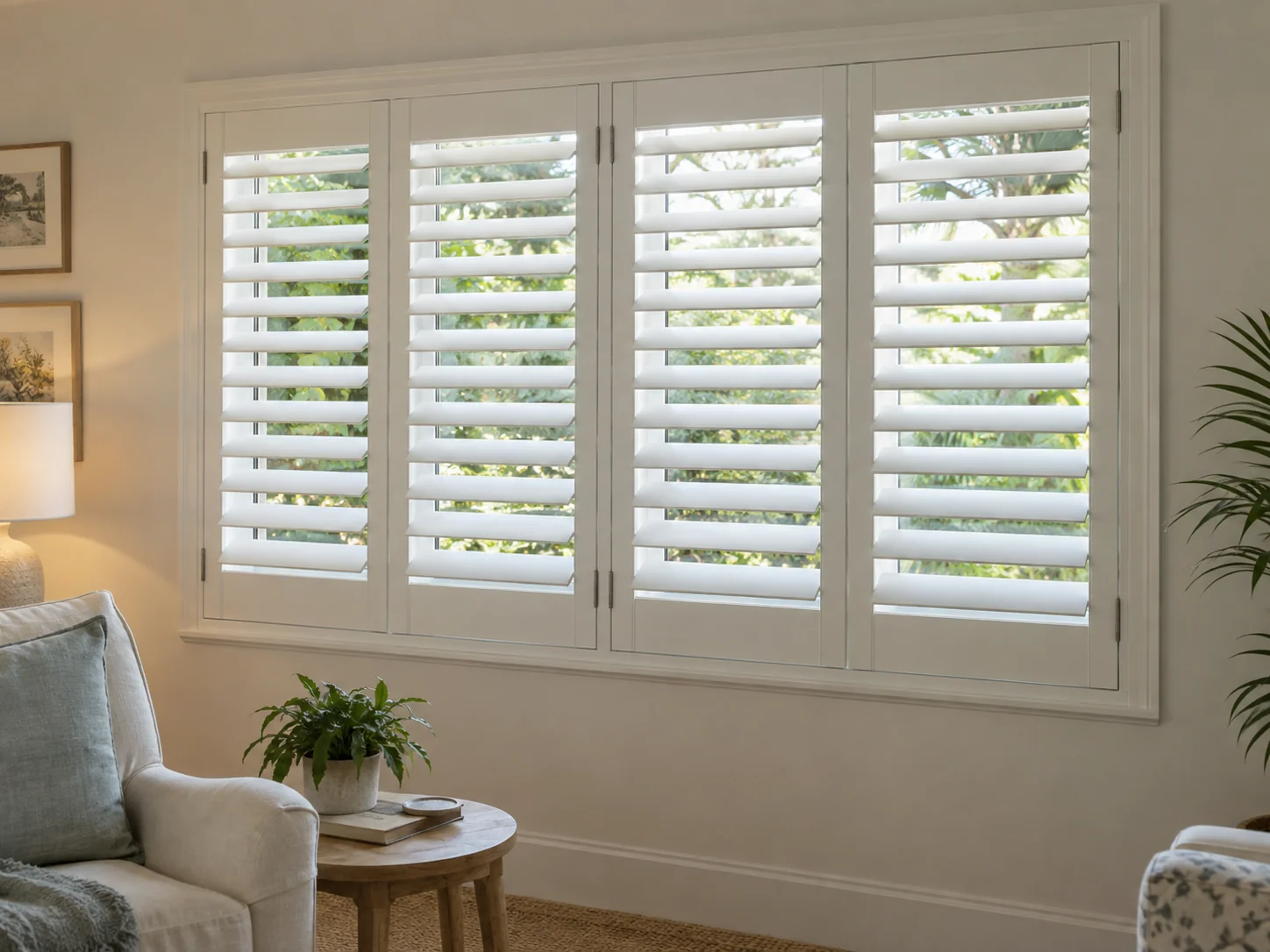 White hardwood plantation shutters with wide louvers in a naturally lit sitting room