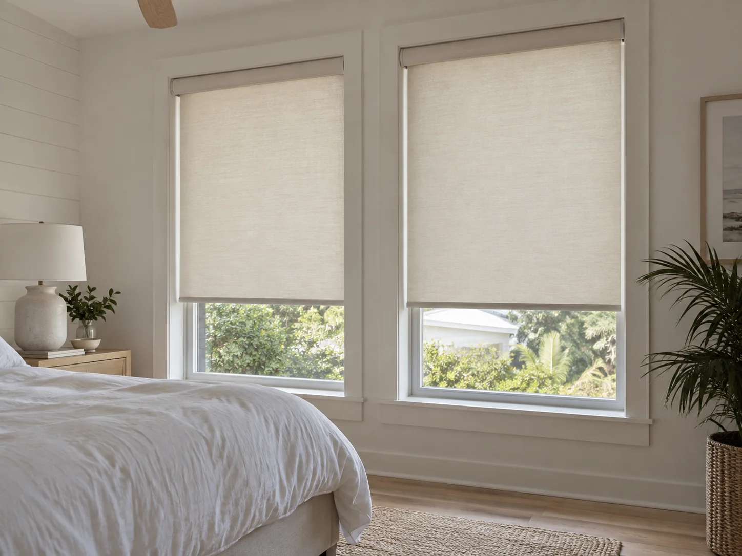 Ivory fabric roller shades softly filtering daylight in a bedroom